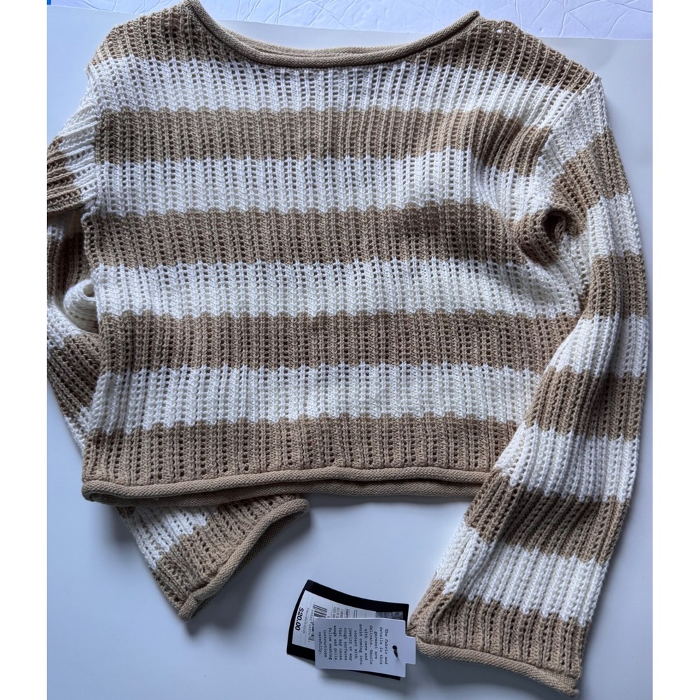 Art Class Girls Beige White Striped Open Knit Sweater S 6/6X NWT Hamptons Beige